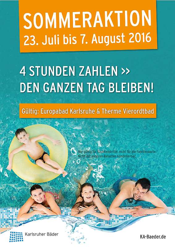 Für vier Stunden zahlen, aber den ganzen Tag genießen und entspannen? Das bieten Europabad und Therme Vierordtbad in ihrer Sommeraktion vom 23. Juli bis zum 7. August 2016 (Foto: Stadt Karlsruhe)