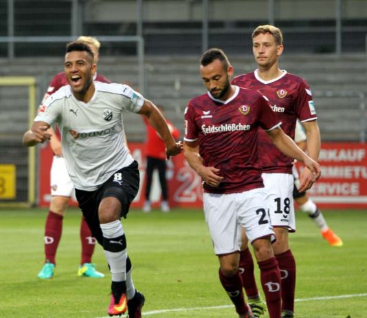 Andrew Wooten (li.) beschenkte sich an seinem 27. Geburtstag selbst und traf beim Spiel seines SV Sandhausen gegen SG Dynamo Dresden zum 1:0 (8.) – am Ende gewann der SVS mit 2:0. (Foto: SV Sandhausen)