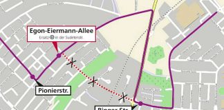 Die Umleitungsroute der Buslinie 74 am 24. und 25.09.2016 (Grafik: VBK)