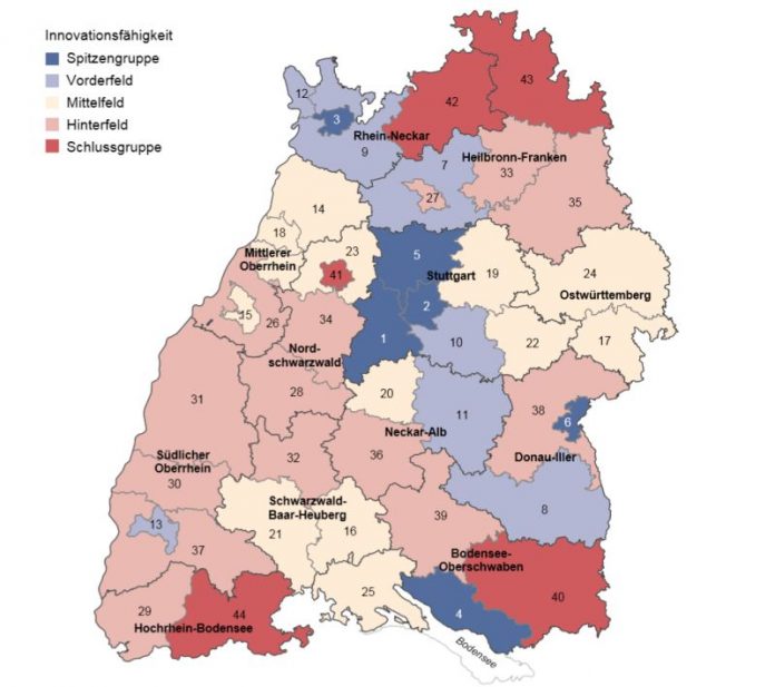 Innovationsindex 2016 für die Stadt- und Landkreise Baden-Württembergs (Quelle: Statistisches Landesamt Baden-Württemberg, Stuttgart, Jahr Kartengrundlage GfK GeoMarketing GmbH, Karte erstellt mit RegioGraph 2015)