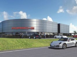 So soll das Porsche-Zentrum im D10, dem Erweiterungsabschnitt des Gewerbeparks „Am Messegelände“, aussehen. (Foto: Dienberg Architekten GmbH Gelsenkirchen)