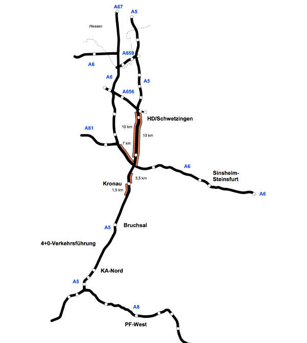 Karte mit den betroffenen Autobahnabschnitten (Quelle: Regierungspräsidium Karlsruhe)
