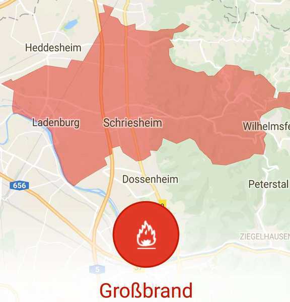 Großbrand Ladenburg (Screenshot Katwarn)