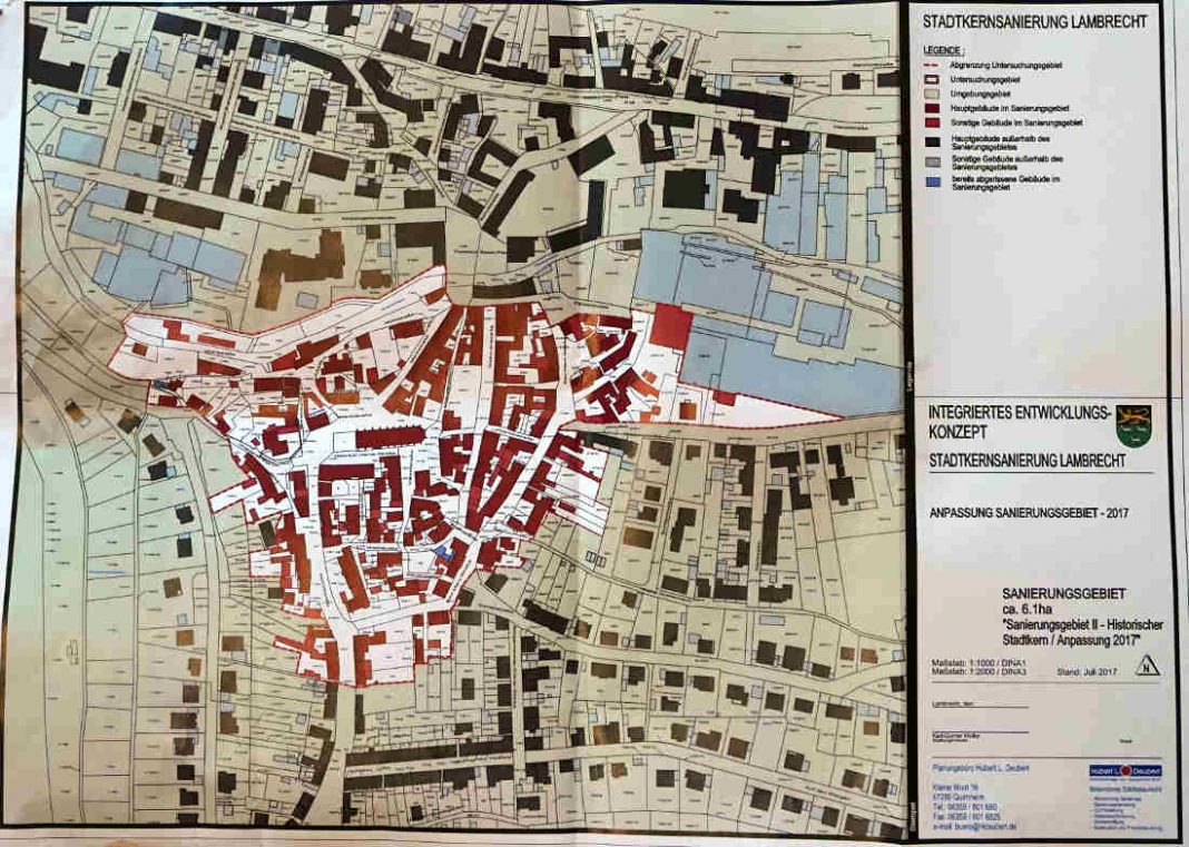 Der Plan mit dem eingezeichneten Sanierungsgebiet II (Quelle: Stadt Lambrecht/Planungsbüro Hubert L. Deubert)