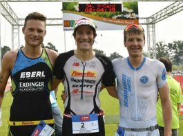 v.l.: Julian Erhardt, Sebastian Kienle und Markus Rolli beim Viernheim Triathlon, BASF Triathlon Cup 2017. (Foto: PIX-Sportfotos)