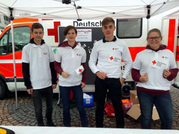 Schülerinnen und Schüler des Schulsanitätsdienstes der VIKO, v. l.: Finn (15), Verena (15), Luca (16) u. Anja (14). (Foto: DRK-Kreisverband Darmstadt-Stadt e.V.)