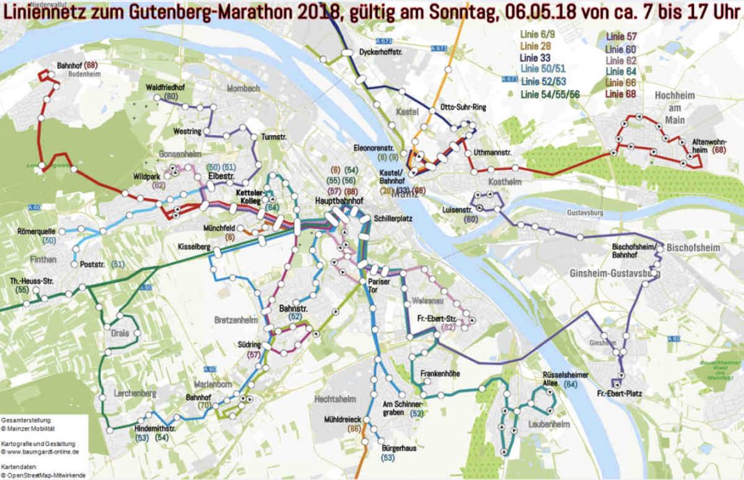 Liniennetz zum Gutenberg-Marathon 2018 - Übersicht (Quelle: Mainzer Stadtwerke AG)