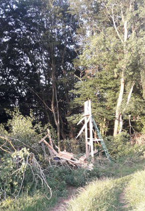 Beschädigter Hochsitz auf dem Moschelberg im Waldgebiet bei Waldfischbach-Burgalben (Foto: Polizei RLP)