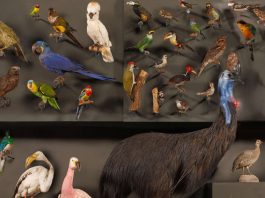 Ara, Kasuar und Co. Tropenwald-Vögel aus der Biodiversitätswand des HLMD (Foto: Wolfgang Fuhrmannek, HLMD)