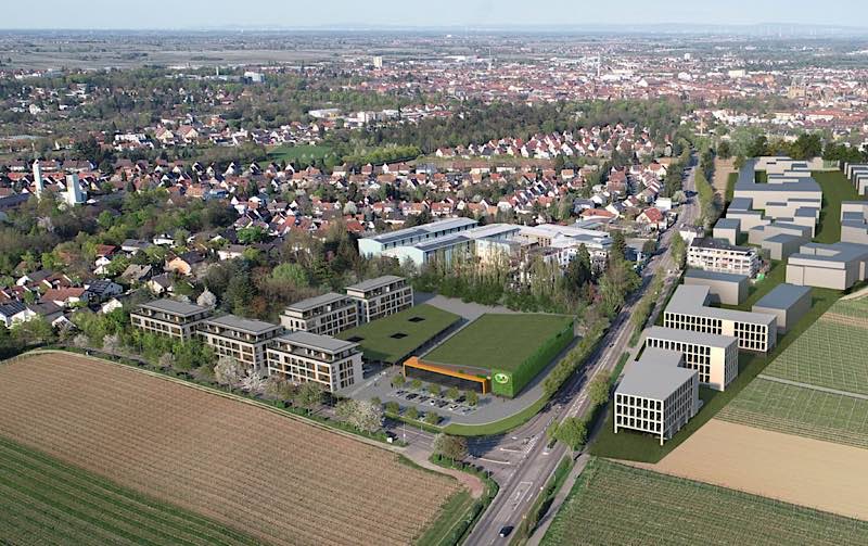 Auf dem ehemaligen Hofmeister-Areal auf der Wollmesheimer Höhe sind die Errichtung eines Wasgau-Markts und die Schaffung eines Wohnquartiers mit 64 Wohneinheiten geplant. (Quelle: Kirschthaler/Hornbach)