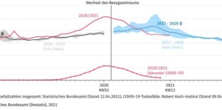 Wöchentliche Sterbefallzahlen in Deutschland (gestrichelte Werte enthalten Schätzanteil) (Quelle: DESTATIS)