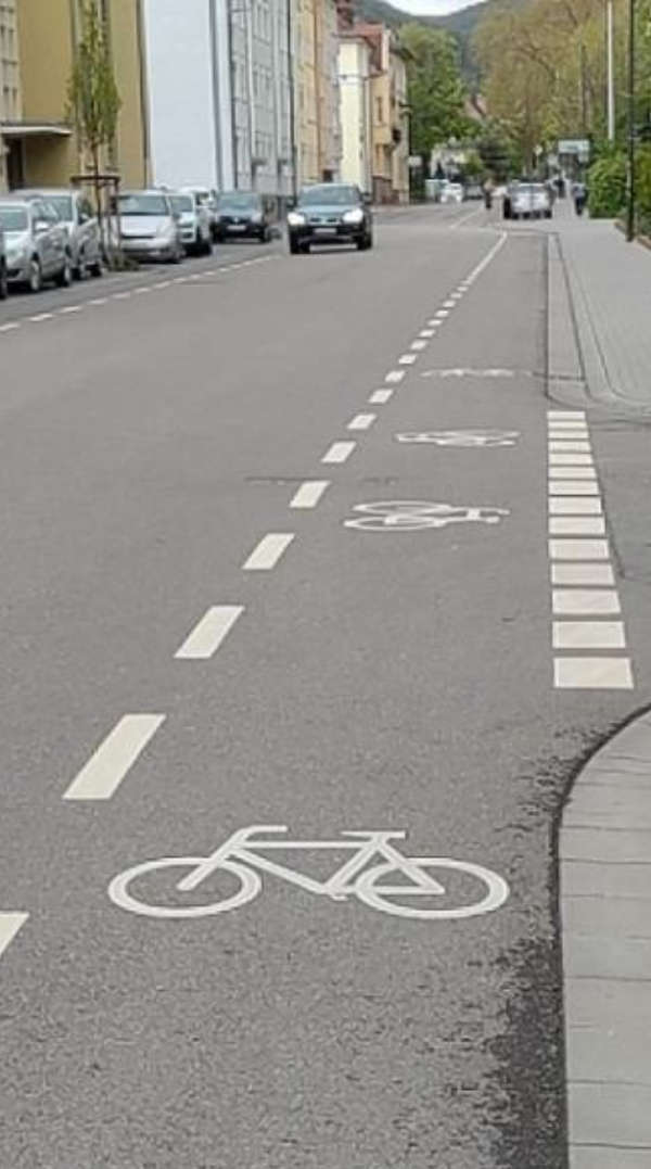 Schutzstreifen mit Fahrradpiktogramm in der Konrad-Adenauer-Straße (Foto: S. Abel)