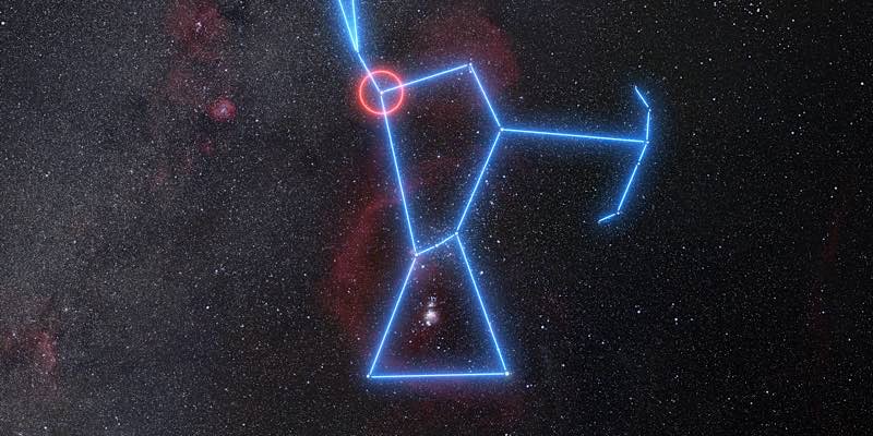 Sternbild Orion - Beteigeuze ist mit einem roten Kreis markiert. (Bildnachweis: ESO/N. Risinger (skysurvey.org))
