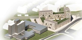 Neben dem Telekom-Hochhaus (links im Bild) soll der neue Wohn- und Gewerbekomplex entstehen. (Foto: Max Dudler GmbH)