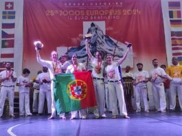 Lila Sax dos Santos Gomes (links) gewinnt Gold in der höchsten Kategorie der Frauen bei der Europa-Meisterschaft in Abadá-Capoeira (Foto: Alfred Xhelilaj)